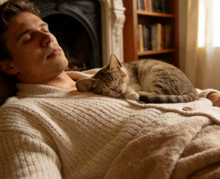 The way the cat cutely sleeps on the chest